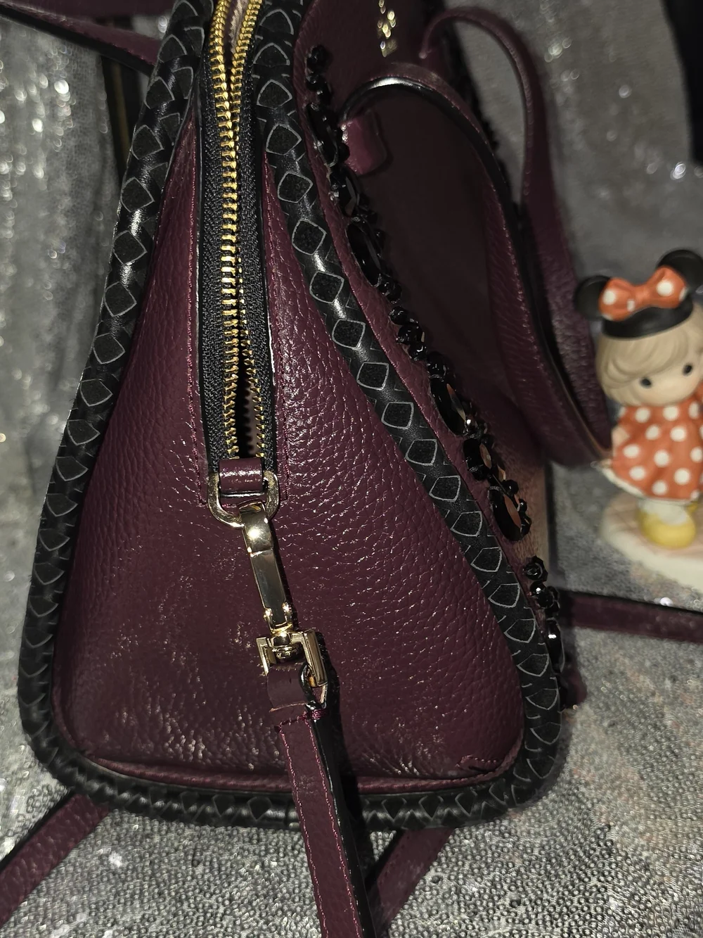 Kate Spade Plum Leather Dome Satchel with Beaded Accent